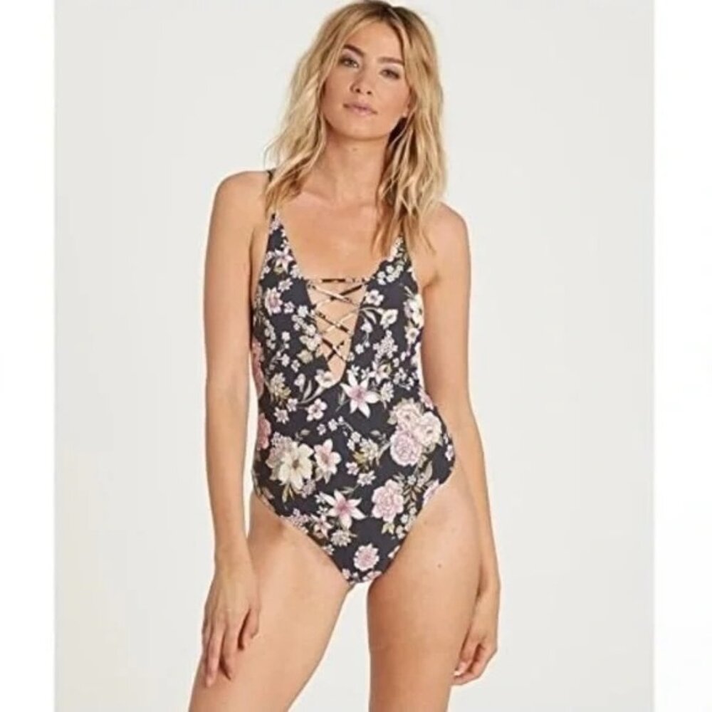 Billabong Black Floral Lace-Up One-Piece Swimsuit